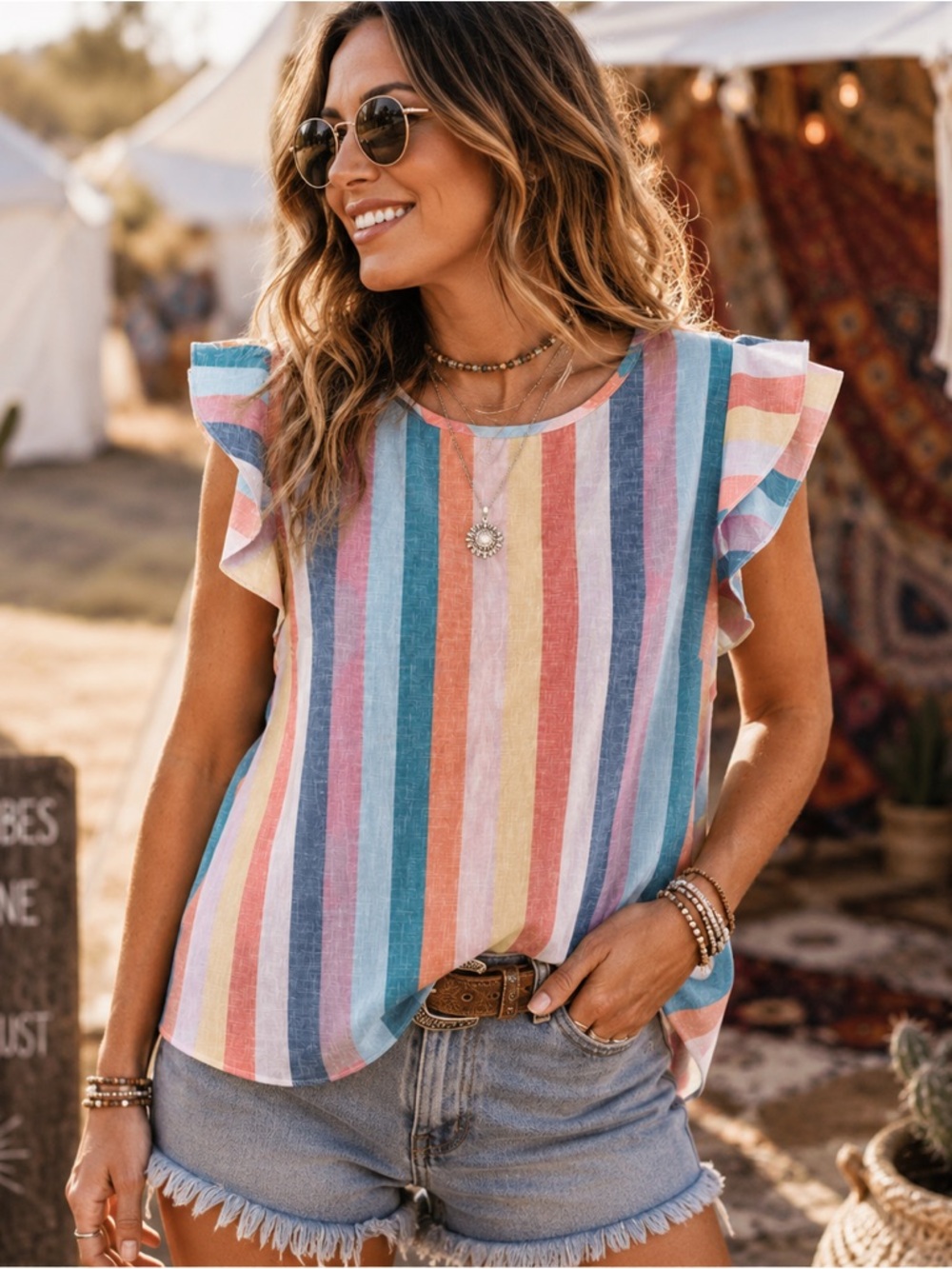Pastel Striped Flutter Sleeve Blouse | Lightweight Summer Top